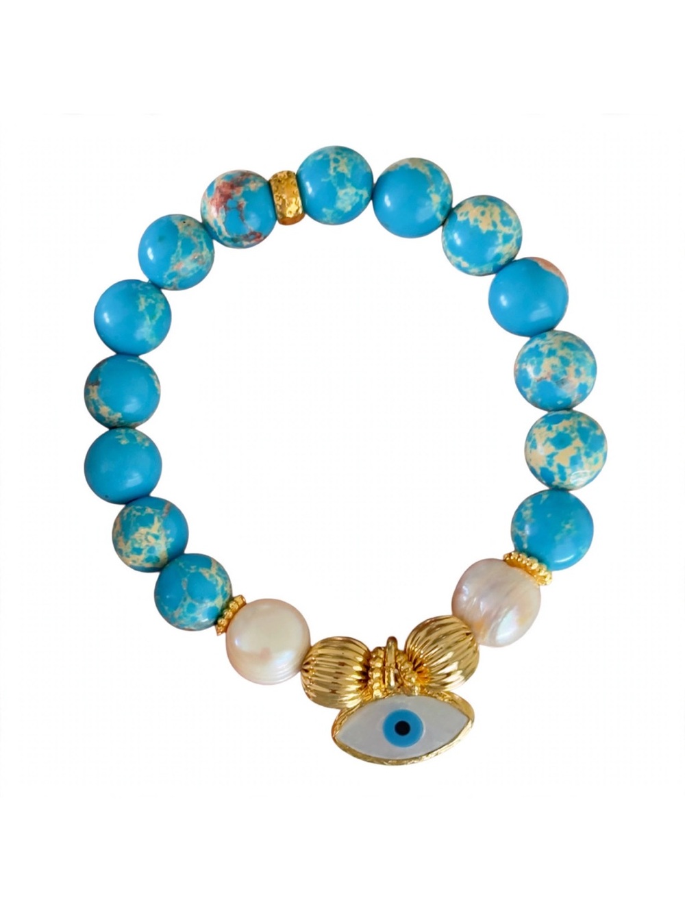 Turkish Evil Eye Beaded Bracelet 9” Gold Tone Accents Double-Sided Eye